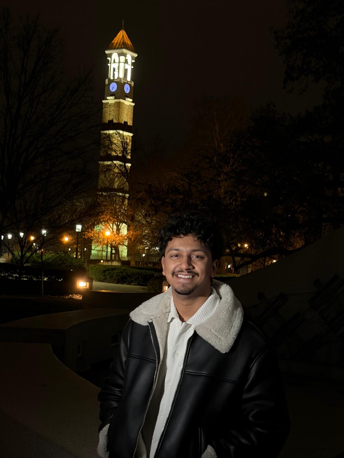 Amogh Arya Munipalle in front of Purdue's Bell Tower